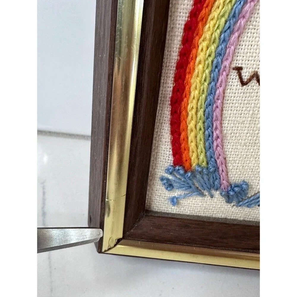 Vintage Handmade Framed Noah's Ark Embroidered Wall Art Rainbow Christian Decor